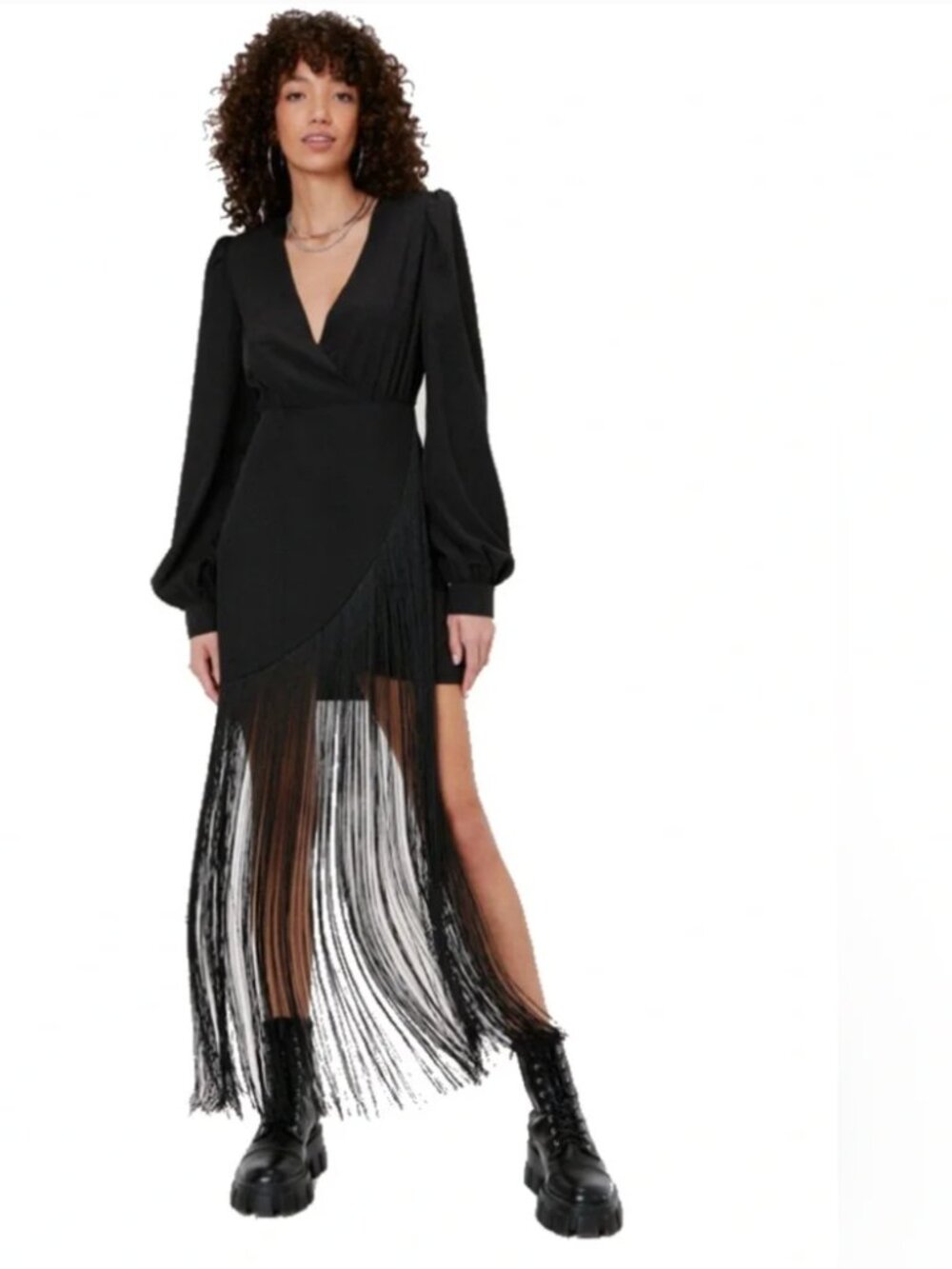 Nasty Gal Black Plunge Mini Shirt Dress with Long Fringe (NEW)